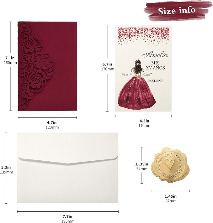 DORIS HOME 50Pcs Personalized Laser Cut Quinceanera Invitations, Burgundy | 4.7"x7.1", Customized Quince Invitations, For 15th Birthday, Sweet 16, With Envelopes