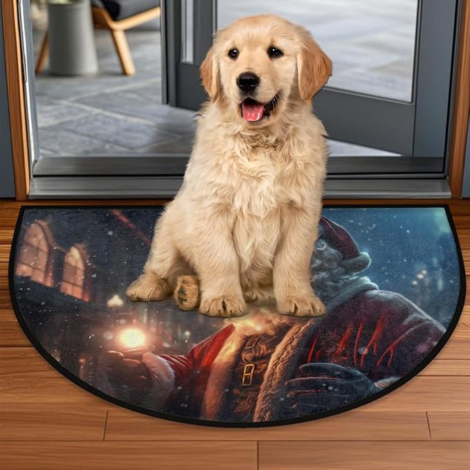 cfpolar Christmas Santa Claus Xmas Half Round Door Mat Outdoor Entrance Large 24"x36" Half Circle Welcome Entrance Way Mat Semi Circular Front Door Mat Area Rug for Garage, Patio, High Traffic Areas