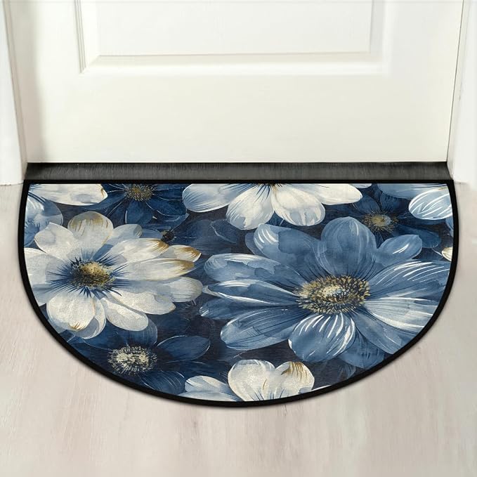 Flower Blue Half Round Door Mat Non Slip Half Circle Rugs | White Abstract Washable Half Moon Rug Semi Circle Rugs Indoor Entrance Floor Carpet for Kithen Bedroom Fireplace Decor
