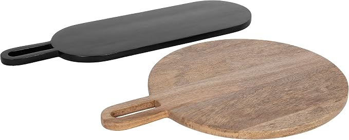 Kate and Laurel Staven Transitional Two-Piece Serving Boards Set; 7 x 22 and 14 x 18; Natural Brown and Black; Modern Food-Safe Charcuterie Boards with Solid Mango Construction