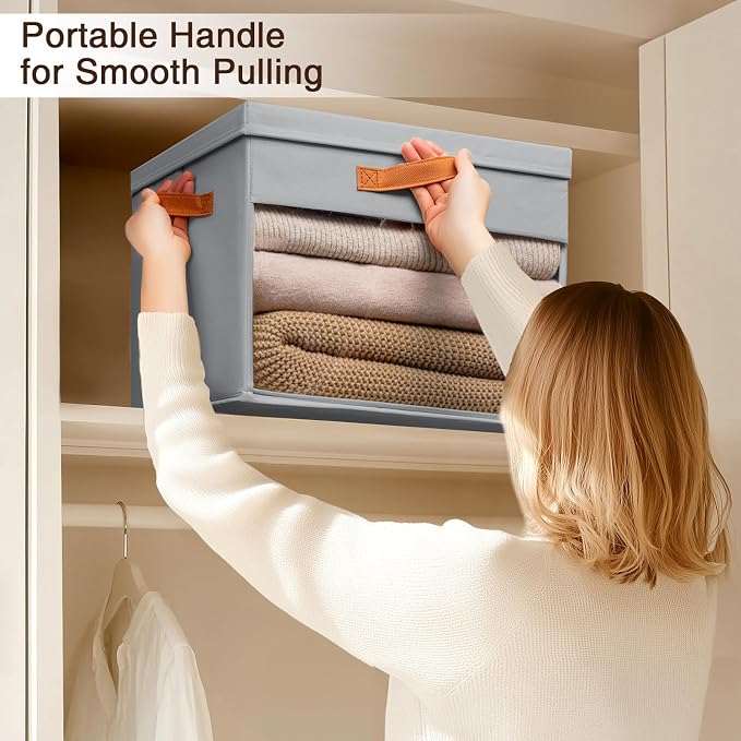 Homsorout Large Storage Bins with Lids - 6 Pack Foldable Decorative Organizers with Clear Windows & Handles, Cube Storage Organizers for Clothes, Blankets, Sweaters, CD, Grey