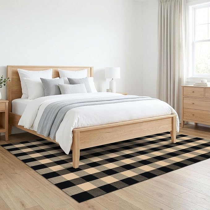 KILOCOCO Buffalo Plaid Checkered Rug 5x7 ft Living Room Rug Brown and Black | Machine Washable Rug for Front Porch, Indoor Outdoor Rugs, Cotton Dining Room Carpet, Low Pile Farmhouse Bedroom Rug