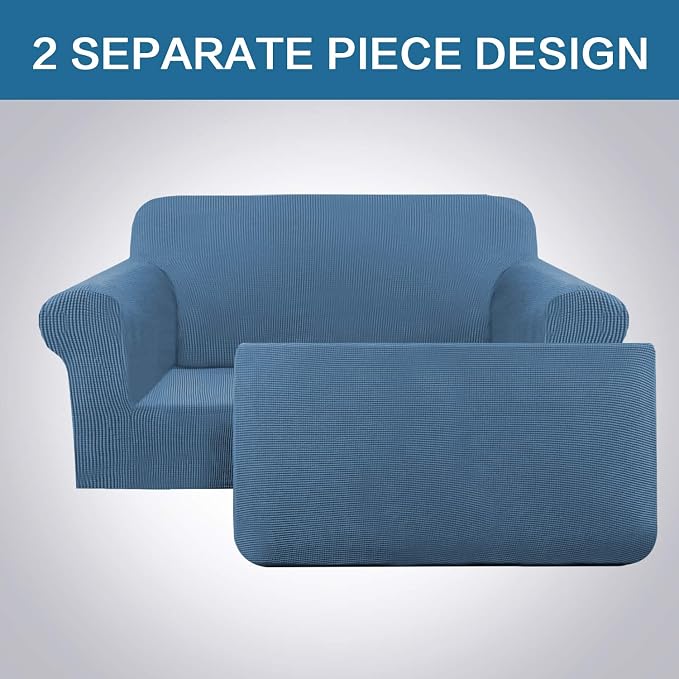H.VERSAILTEX 2 Piece Loveseat Slipcovers 2 Cushions Loveseat Cover Furniture Cover/Protector with Elastic Bottom, Spandex Jacquard High Stretch Stylish Suit for T Cushion/Box Cushion- Dusty Blue