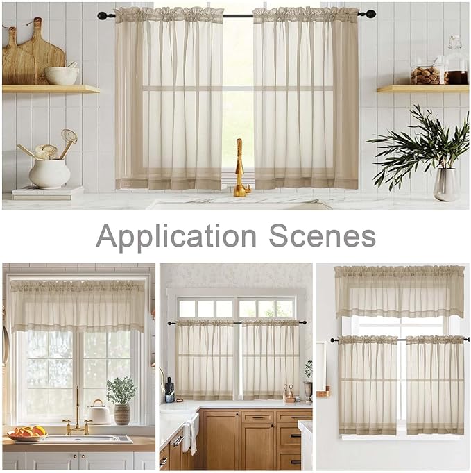 Kitchen Curtains 24 Inch Length Tier 2 Pieces, Taupe Sheer Curtain Solid Soft - Image 6