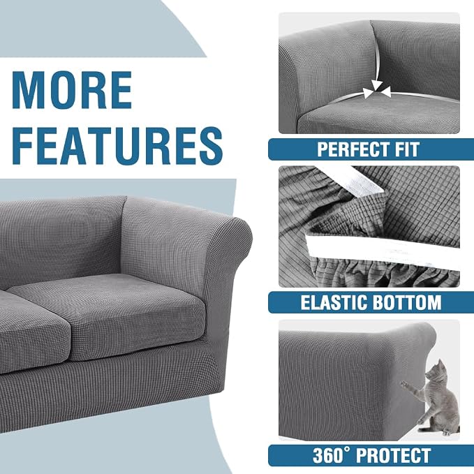 H.VERSAILTEX 3 Pieces Couch Covers for Dogs Stretch Chesterfield Couch Covers for 2 Cushion Couch Sofa Mid Century Deep Seat Slip Covers for Sofas/Couches Thicker Jacquard Fabric(Medium-XL Sofa, Dove)