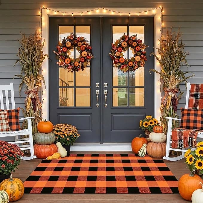 Buffalo Plaid Rug 3' x 5' Orange and Black Front Door Mat Reversible Halloween Doormat Layered Porch Rug Washable Hand Woven Cotton Area Rug for Indoor Outdoor Entryway Patio Porch Decor