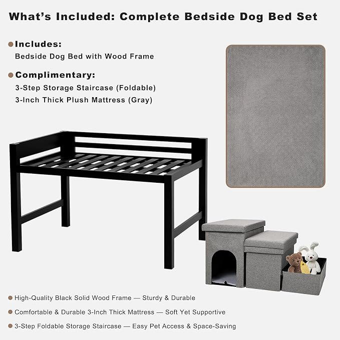 Bedside Dog Bed with Mattress - Raised Wooden Pet Cosleeper with Guardrail, Removable Mattress & 3-Step Foldable Stairs, Freestanding Bassinet-Style Elevated Dog Bed for Large Sized Dogs