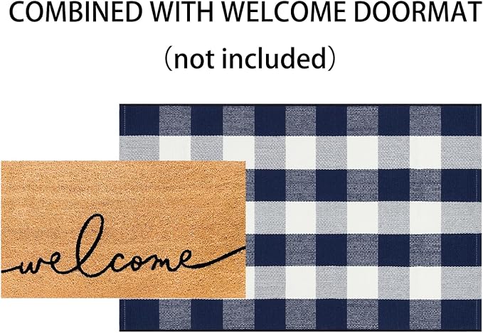 Buffalo Plaid Rug 27.5"x43" Blue White Fall Front Porch Rug Cotton Woven Washable Indoor Outdoor Rugs for Welcome Door Mat Entryway Dining Room Bedroom Living Room