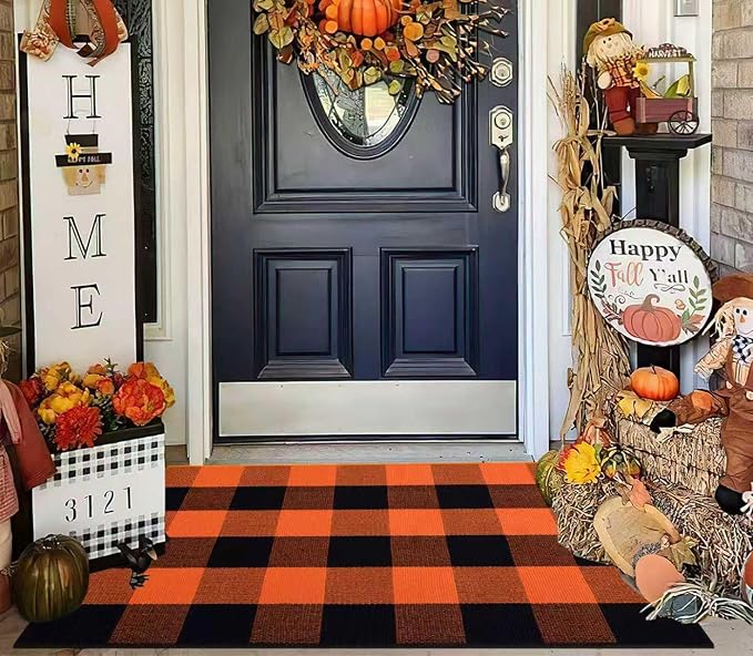 Cotton Buffalo Plaid Outdoor Rug 2x3ft Orange and Black Layered Doormat,Halloween Front Door Mat Outdoor,Farmhoue Woven Washable Checkered Rug for Porch, Entryway, Farmhouse, Autumn, Halloween