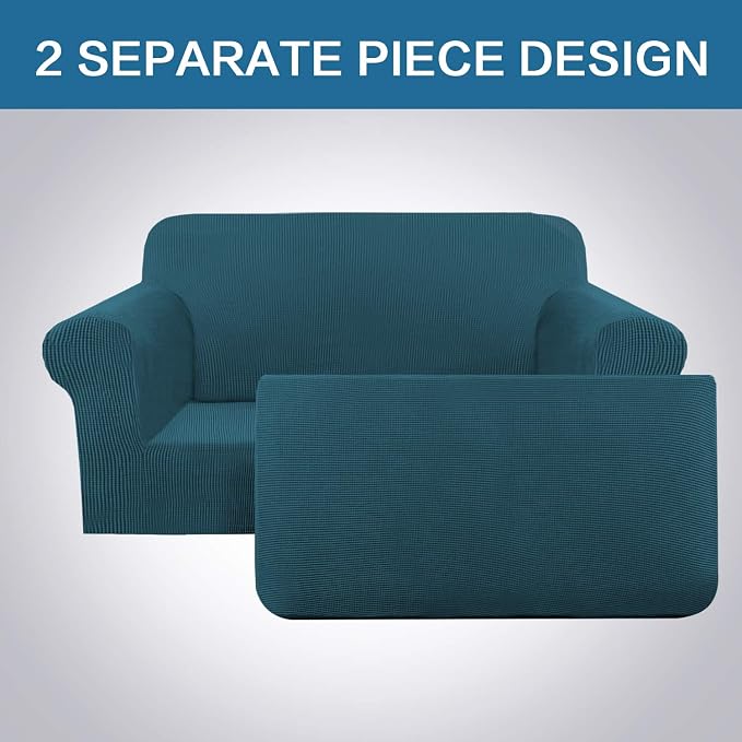 H.VERSAILTEX Loveseat Slipcover 2 Piece Stretch Loveseat Cover Couch Cover|Sofa Cover Suit for T Cushion/Box Cushion, Feature Small Checked Jacquard (58"-70", Deep Teal)