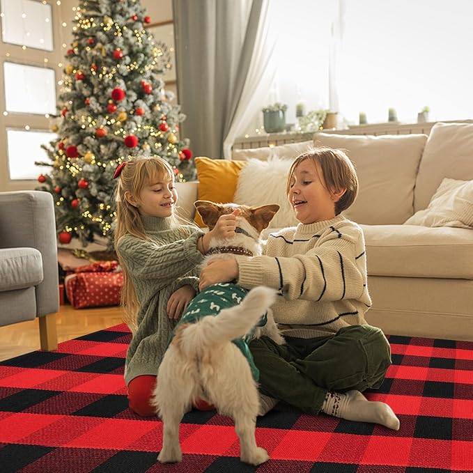Buffalo Plaid Area Rug, Checkered Rug 27.5x43 Inches, Black and Red Rug, Washable Cotton Mat for Front Porch, Entryway, Kitchen, Living Room, Christmas Decor