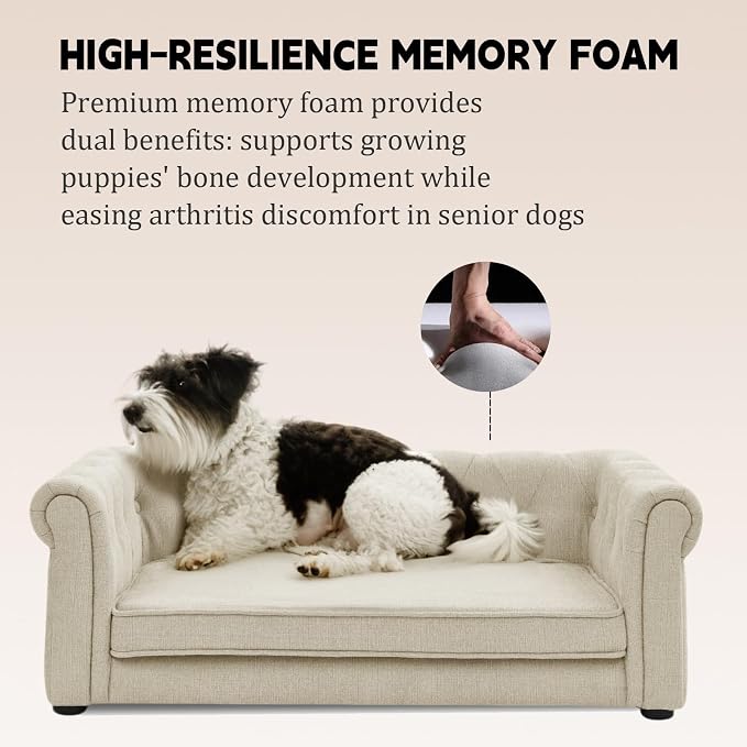 39" Dog Sofa Couch Bed for Small, Medium, Large Dogs,Memory Foam Pet Sofa with Removable Cover, Comfortable Pet Couch with Backrest and Armrests, Easy to Clean and Maintain（Beige）