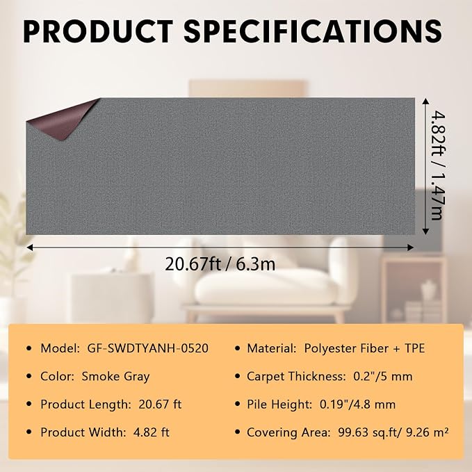 Grefinity Marine Carpet,5 FT x 20 FT Smoke Gray Indoor Outdoor Carpet 0.2" Thick Boat Rug with Water-Proof TPE Backing for Home, Patio, Porch, Deck