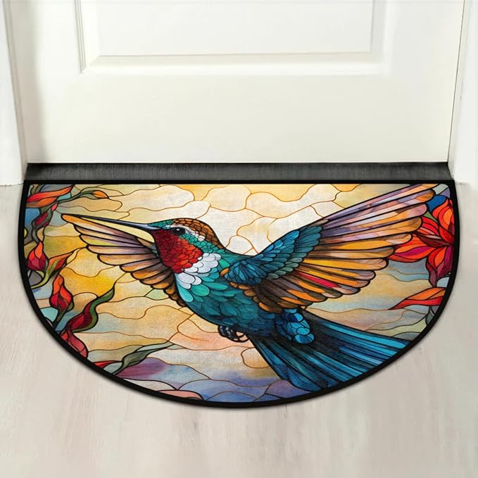 Hummingbird Stained Glass Window Half Round Door Mat, Non-Slip Entrance Welcome Mat for Indoor Semi Circle Bathroom Floor Rugs Outdoor Mats House Heavy Duty Doormat for Kitchen Living Room 36x24 Inch
