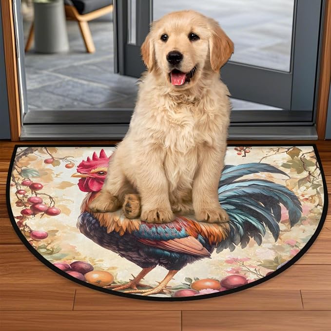 Rooster Animal Half Round Rug Half Moon Door Mat Half Circle Rugs | Flower Washable Non-Slip Semi Circle Rug Welcome Half Round Door Mat Indoor Entrance Kitchen Home Bedroom Living Room Decor
