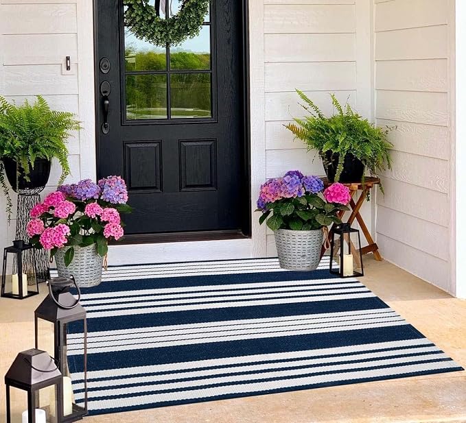 BUAGETUP Blue and White Outdoor Rug 3'x 5' Cotton Woven Washable Rug Striped Front Porch Rug Indoor/Outdoor Area Rug Floor Mat for Farmhouse/Layered Door Mats/Living Room