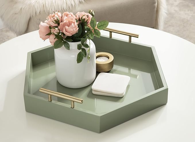 Kate and Laurel Lipton Modern Hexagon Tray; 18 x 18; Sage Green with Gold Handles; Midcentury Decorative Serving Tray for Storage and Display in Living Room Decor Scheme