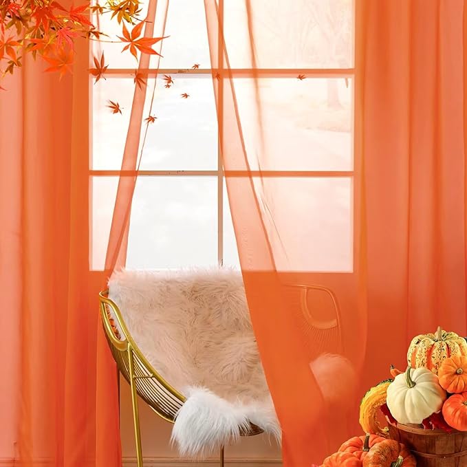 youleyar Solid Sheer Rod Pocket Curtain Voile Draperies 4 Panels White Beige Black Grey Ivory 52 Inch Width 63 Inch Long 1 Pair for Kitchen Bedroom Children Living Room Yard(Burnt Orange,52 Wｘ63 L)