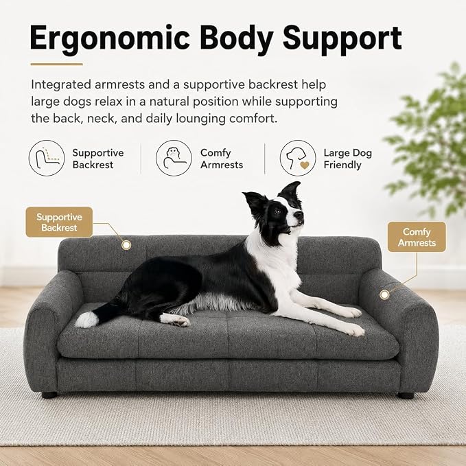 51"×28" Large Dog Sofa, for Large & Extra Large Dogs | Detachable Cushion | Reinforced Low Base|Non-Sagging |Linen Fabric | Soft Cushion | Armrest & Backrest | Dark Gray