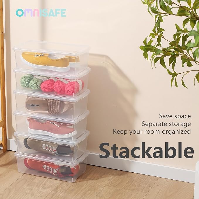 Stackable Plastic Storage Shoebox, BPA-Free Nestable Container with Latching Lid to Organize Shoes, See-Through Box for Home and Office, Multi-Purpose Storage Case, Clear Bins (6 Pack 6 Quart)