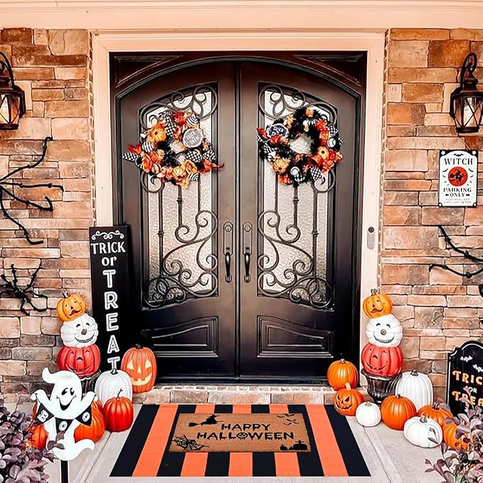 Halloween Decor Doormat Combo Set, 100% Coco Coir Welcome Mat + 28 x 43 Inches Orange and Black Striped Rug - Halloween Fall Front Porch Entryway Decor Floor Mat, Outdoor Autumn Mats Happy Halloween