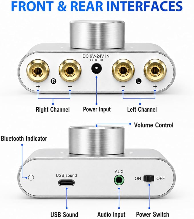 Facmogu F900S Bluetooth 5.0 Mini Power Amplifier, 80Wx2 Stereo Digital Amp | 160W 2.0CH | Hi-Fi Wireless Audio Receiver | AUX/USB/BT Input | Included 12V Power Adapter | For Passive Speakers | Silver
