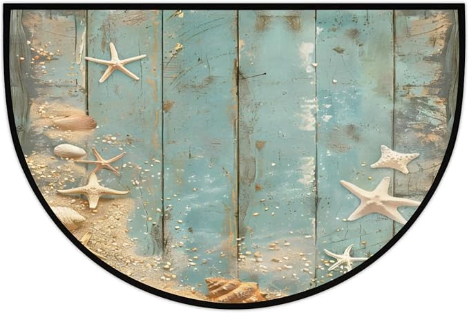 Half Round Doormat Wooden Background Starfish Shells Non Slip Half Circle Area Rugs Indoor Washable Half Moon Rug Semi Circle Bathroom Runner Mat Entrance Floor Carpet for Kithen Bedroom Fireplace