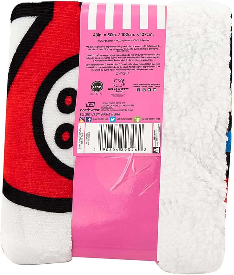 Northwest Hello Kitty Silk Touch Sherpa Throw Blanket, Plush and Warm, 40 x 50 Inches, On The Phone Design