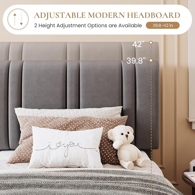 SHA CERLIN Twin Size Velvet Bed Frame with Adjustable Headboard, Grey | Vertical Channel Tufted Design, Upholstered Platform Bed, Wood Slats Support/No Box Spring Needed/Easy Assembly