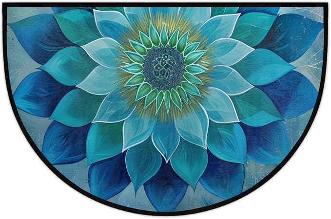 Teal Mandala Half Round Door Mat Non Slip Half Circle Rugs | Ethnic Flower Washable Half Moon Rug Semi Circle Rugs Indoor Entrance Floor Carpet for Kithen Bedroom Fireplace Decor