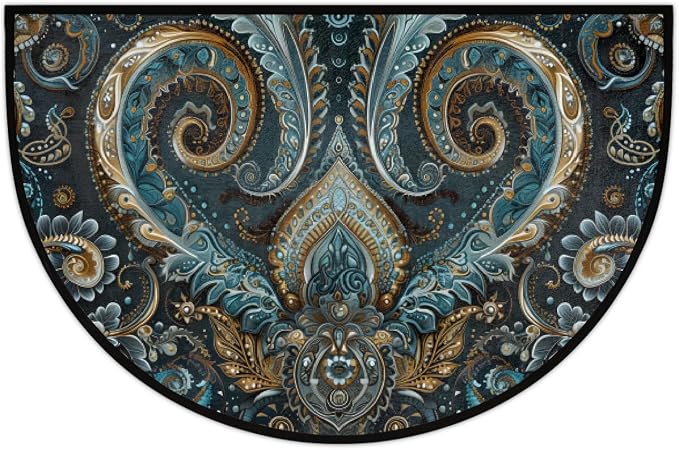 Paisley Half Round Doormat Non-Slip Semi Circle Rug Half Moon Mat | Ethnic Turquoise Washable Soft Absorbent Indoor Outdoor Entrance Kitchen Bathroom Sink Patio Welcome Fireplace Floor Rug