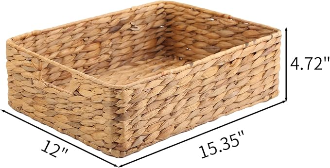 YAHUAN Water Hyacinth Storage Basket, Handwoven, 15.35L x 12W x 4.72H in, Brown | Shallow Drawer Basket With Handle Wicker basket for Shelf