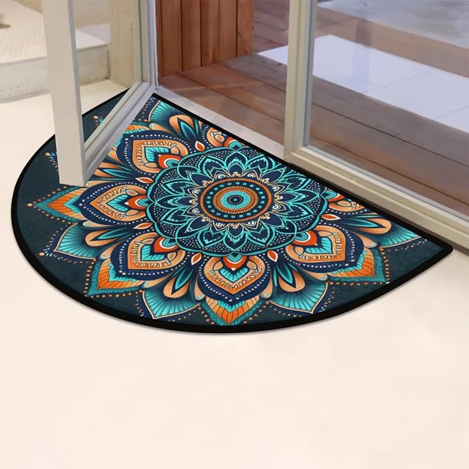 Ethnic Mandala Half Round Door Mat Semi Moon Rug Fireplace Carpet Area Rugs | Ethnic Mandala Non Slip Absorbent Half Circle Mat Carpet for Indoor Outdoor Patio Kitchen Bathroom Entryway Home Decor