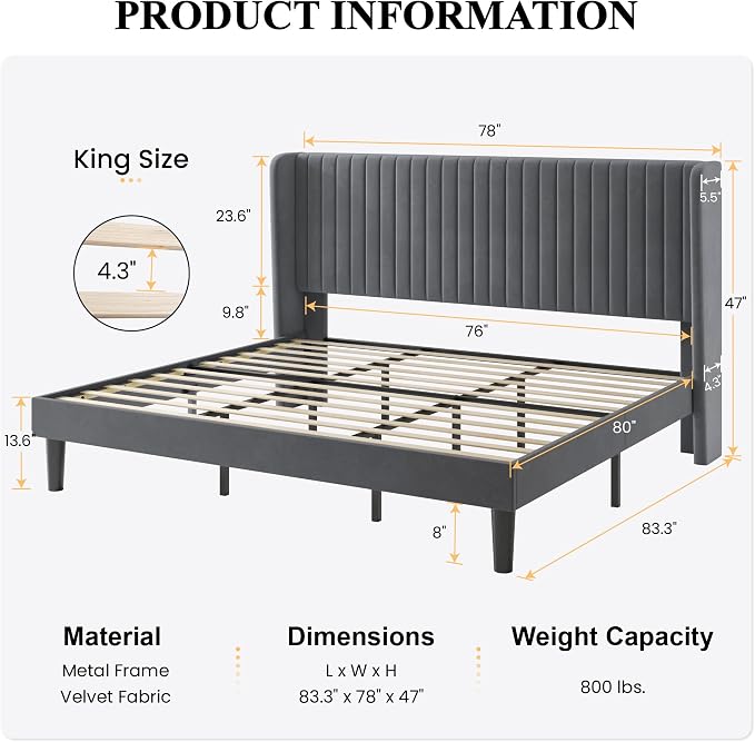 SHA CERLIN King Size Velvet Bed Frame, Tufted Wingback Headboard, Grey | 47'' Modern Vertical Channel Headboard, Upholstered Platform Bed, Wood Slats, No Box Spring Needed, Easy Assembly, Noise Free