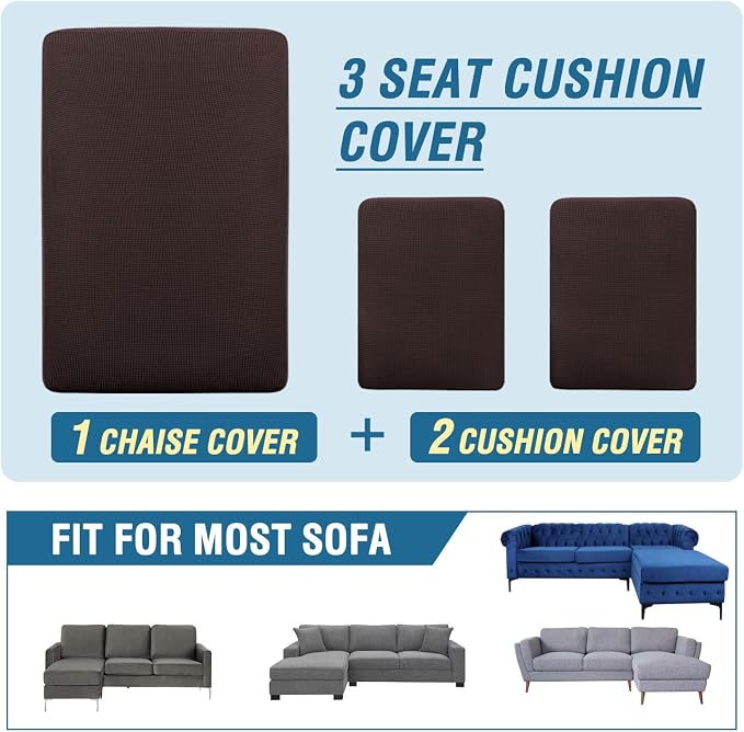 H.VERSAILTEX Sectional Couch Covers 3 Pieces Sofa Seat Cushion Covers L Shape Separate Cushion Couch Chaise Cover for Both Left/Right Sectional Couch (Seat Only: 1 Chaise + 2 Sofa, Chocolate)