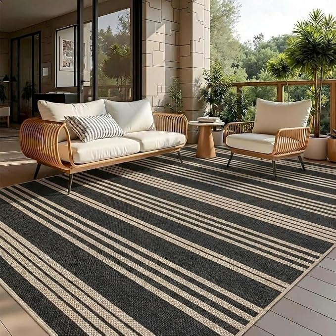COZYLOOM 9x12 Area Rugs for Living Room Machine Washable Area Rugs Non Slip Striped Easy Jute Carpet Stain Resistant Contemporary Mats for Bedroom, Dining Room, Backyard, Black/White