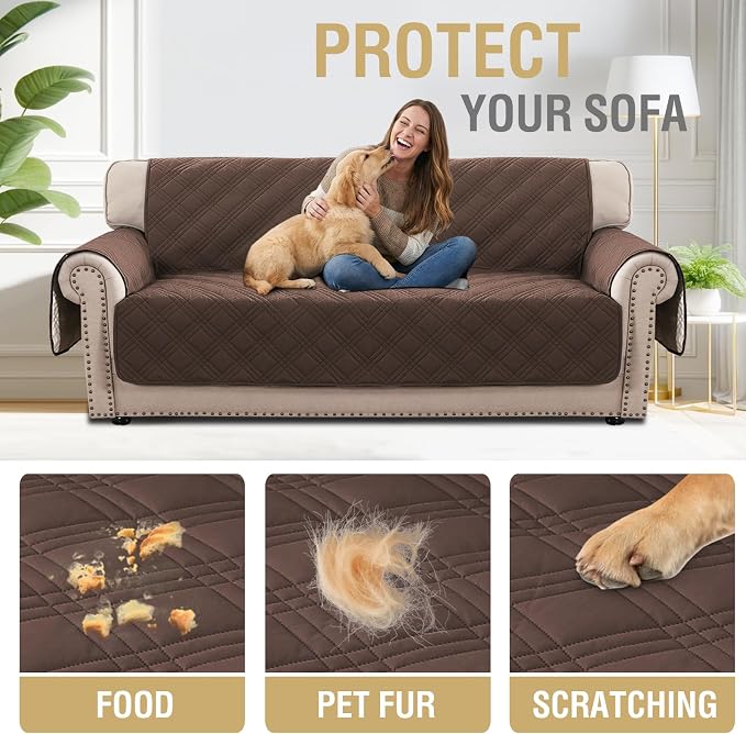 H.VERSAILTEX 100% Waterproof Couch Covers for 3 Cushion Couch Sofa Pet Friendly Modern Sofa Cover with Elastic Straps Thick Soft Furniture Protector (Sofa, Brown/Beige)