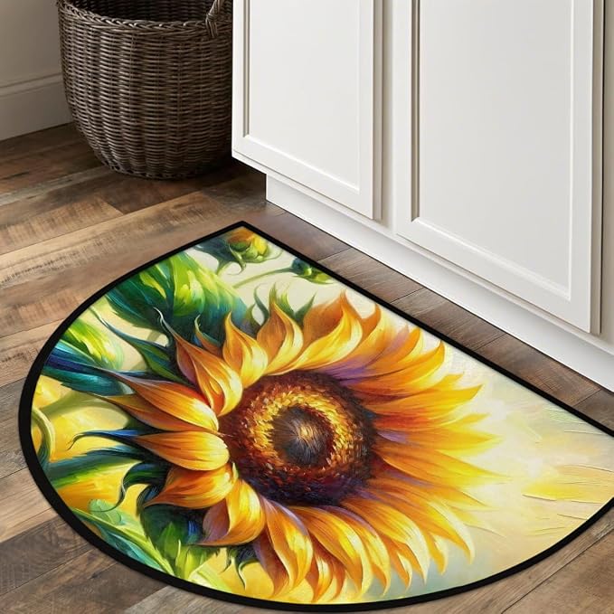 Sunflower Half Round Door Mat Non Slip Half Circle Rugs | Art Yellow Washable Half Moon Rug Semi Circle Rugs Indoor Entrance Floor Carpet for Kithen Bedroom Fireplace Decor
