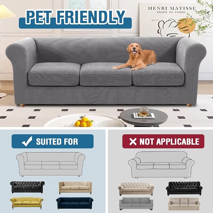 H.VERSAILTEX 4 Piece Stretch Chesterfield Couch Covers for 3 Cushion Couch Sofa Mid Century Deep Seat Sofa Covers (Base Cover Plus 3 Seat Cushion Covers) Thicker Jacquard Fabric (Large Sofa, Dove)