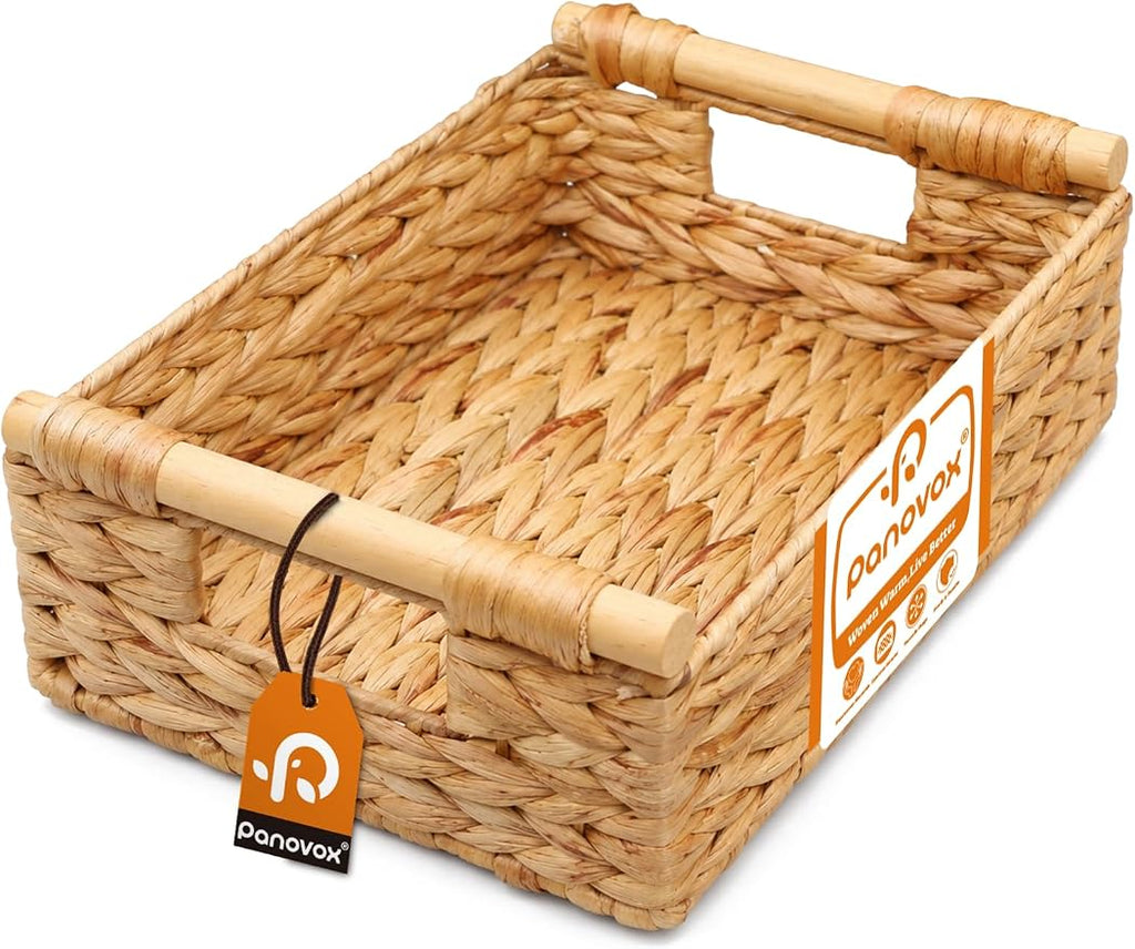 Wicker Basket, Large Basket for Gift Baskets Empty, 13.4x9.5x4.7in | Water Hyacinth Woven Basket for Organizing, Rectangular Basket with Wooden Handles for Shelves, Snacks, Toys, Books, Laundry