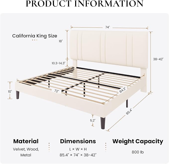 SHA CERLIN California King Bed Frame, Velvet Upholstered Bed with Adjustable Headboard, Vertical Channel Tufted Design, Sturdy Wood Slat Support, No Box Spring Needed, Easy Assembly, Cream