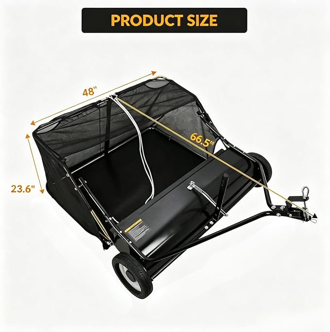 48" Large Capacity Pull Behind Lawn Sweeper with Adjustable Sweeping Height - Leaf & Grass Collector with Dumping Rope Design for Picking Up Grass and Debris