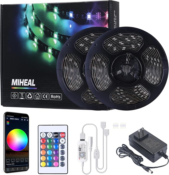 MIHEAL 5050 Black PCB RGB WiFi Smart LED Strip 32.8Ft 300LED Waterproof Kit | App & voice control lighting with music mode, UL Listed DC12V adapter, works with iOS & Android indoor decor
