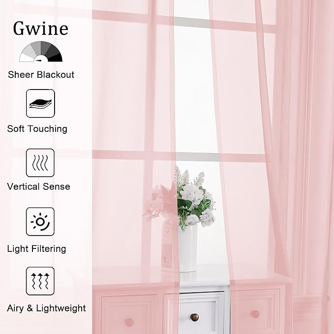 Gwine Blush Pink Sheer Curtains 96 Inches Long 2 Panels, Elegant Window - Image 2