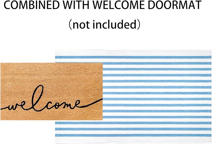 Light Blue and White Outdoor Rug 3'x5',Machine Washable Striped Porch Rug Cotton Woven Farmhouse Front Door Mats for Porch/Entryway/Home Entrance Decor/Bedroom/Laundry Room/Patio/Front Door