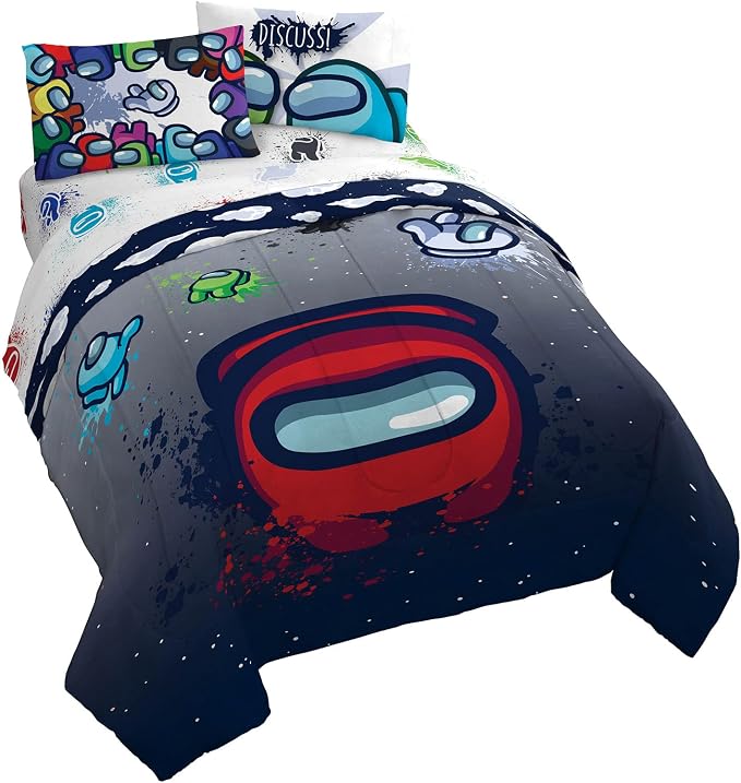 Among Us Queen Comforter Set 5 Piece Kids Video Game Bedding, Multi | Bed in a Bag, Comforter Sheets Pillowcases, Official Product, Soft Microfiber, Machine Washable, Easy Care, Kids Gift
