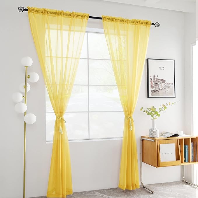 youleyar Solid Sheer Rod Pocket Curtain Voile Draperies 2 Panels White Beige Black Grey Coffee 52 Inch Width 63 Inch Long 1 Pair for Kitchen Bedroom Children Living Room Yard (Yellow,52Wｘ63L)
