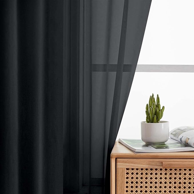 Extra Long Sheer Black Curtains for Bedroom Living Room 120 Inches Long 2 Panels Set, Solid Soft Light Filtering Rod Pocket Sheer Window Curtains, Black, Each 42" Wx120 L Inch