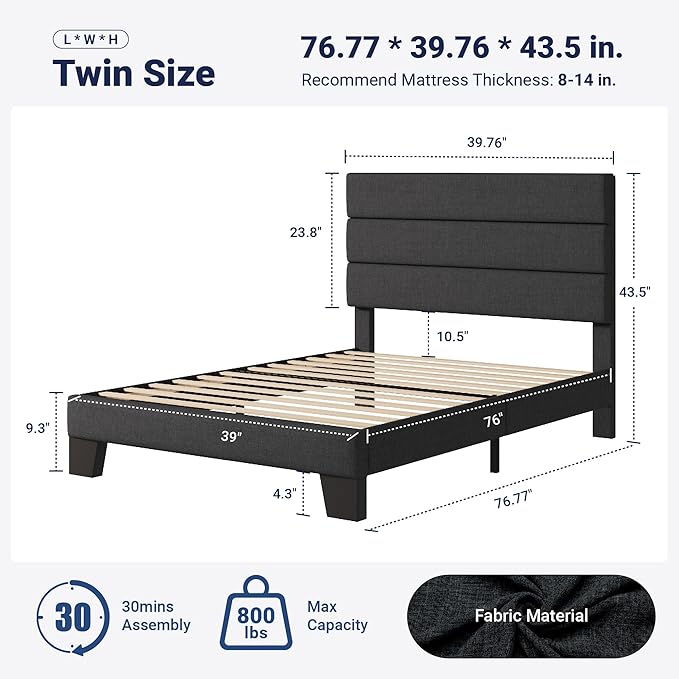 Allewie Twin Size Platform Bed Frame with Fabric Upholstered Headboard Gray | Wooden Slats Support, Fully Upholstered Mattress Foundation, No Box Spring Needed, Easy Assembly, Noise-Free, Dark Grey