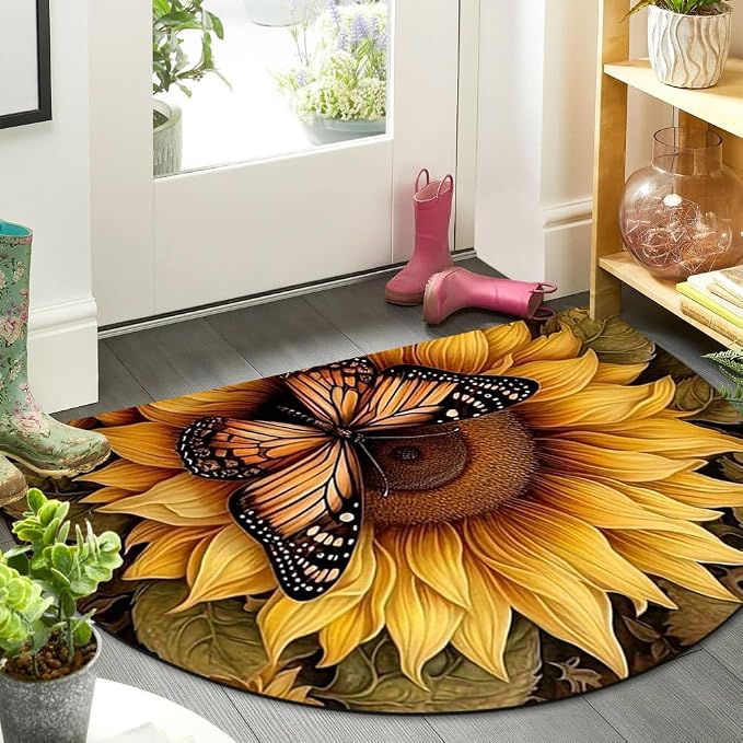 Fchen art Bright Sunflower Butterfly Half Round Door Mat – Non Slip Washable Semi Circle Area Rug, Summer Floral Indoor/Outdoor Entrance Doormat for Entryway Kitchen Bathroom, 17x30 Inches